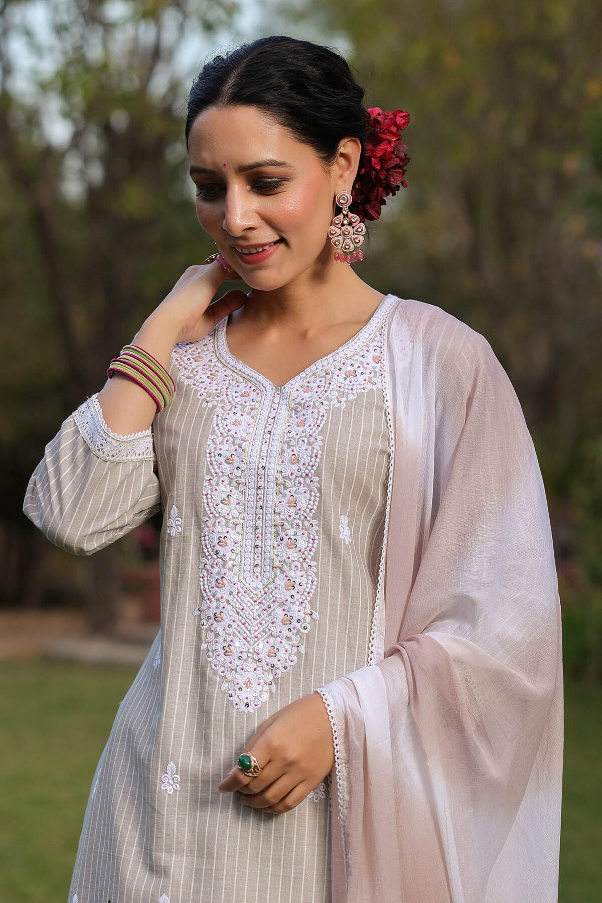 Grey Cotton Handwork Embroidered Straight Suit Set