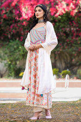 Cream Embroidered Handwork Floral Muslin Kurta With Pants And Dupatta