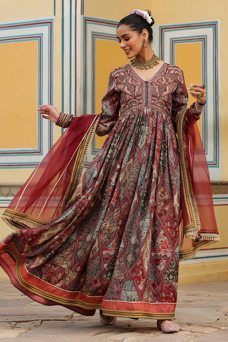 Burgundy Muslin Persian Art Print Nazraana Long Gown