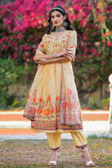 Soft Orange Front Cut Embroidered Mulmul Anarkali With Pants And Dupatta