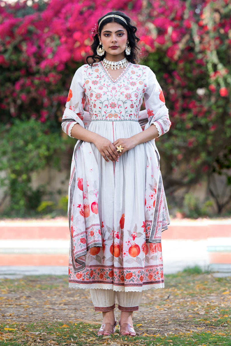 Soft White Front Cut Embroidered Mulmul Anarkali With Pants And Dupatta