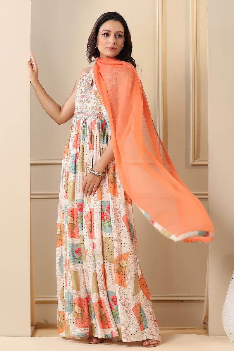 Peach Romantic Printed Embroidered Long Gown With Dupatta