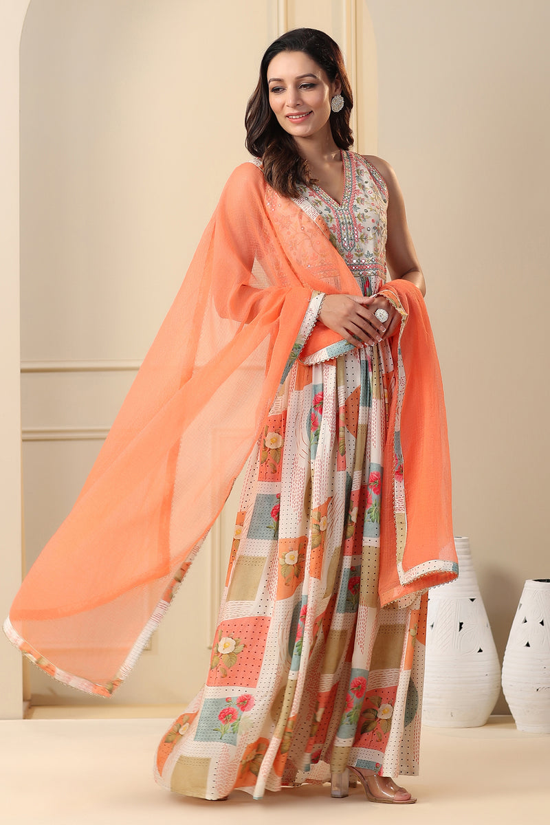 Peach Romantic Printed Embroidered Long Gown With Dupatta