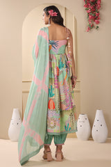 Green Muslin Embroidered Kurta With Pants And Tie Dye Dupatta