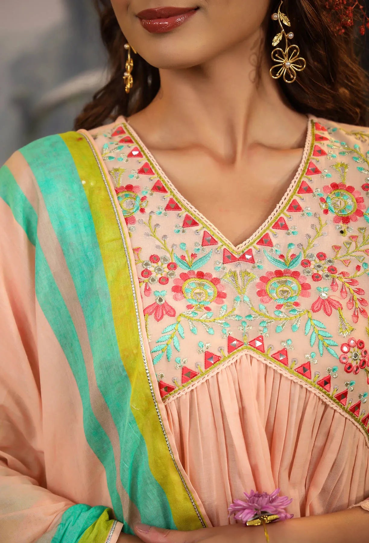 Peach Floral Cotton Embroidered Anarkali Suit