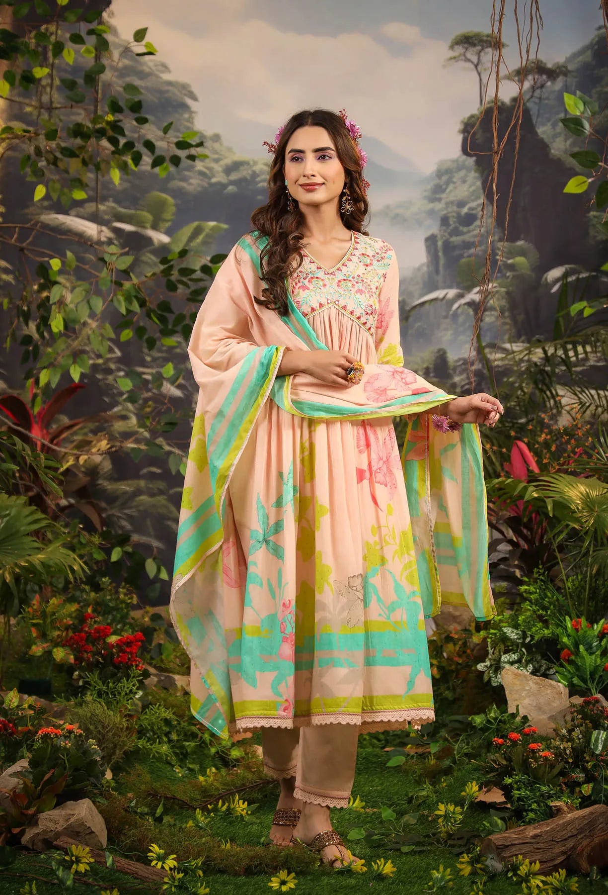 Peach Floral Cotton Embroidered Anarkali Suit