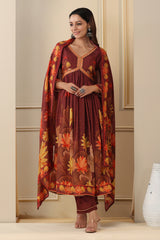 Brown Muslin Floral Anarkali With Pants And Dupatta