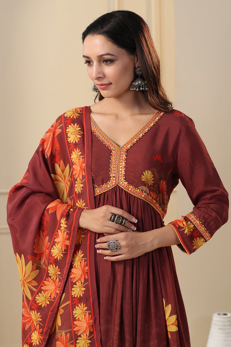 Brown Muslin Floral Anarkali With Pants And Dupatta