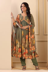 Green Muslin Floral Anarkali With Pants And Dupatta