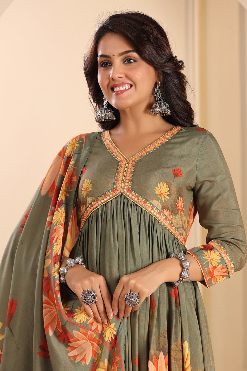 Green Muslin Floral Anarkali With Pants And Dupatta