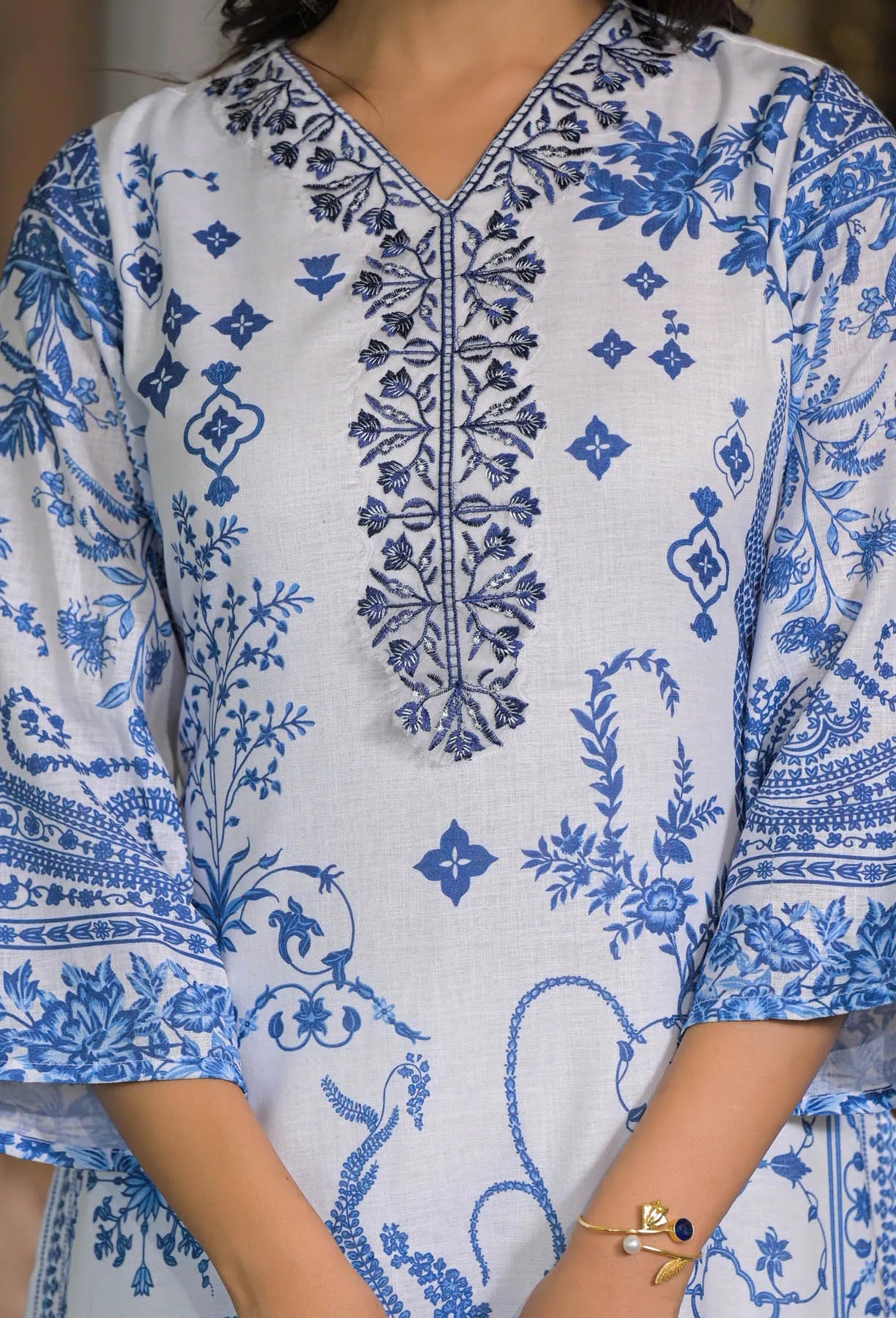 White Blue Linen Printed Straight Cut Suit Set | Bairaas