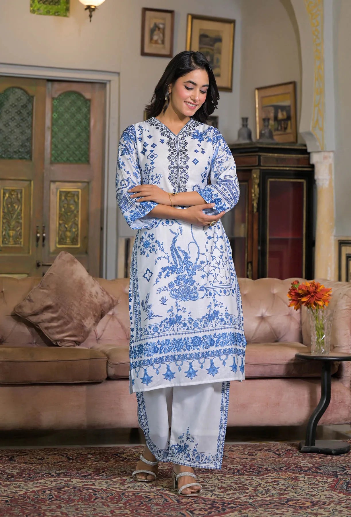 White Blue Linen Printed Straight Cut Suit Set | Bairaas