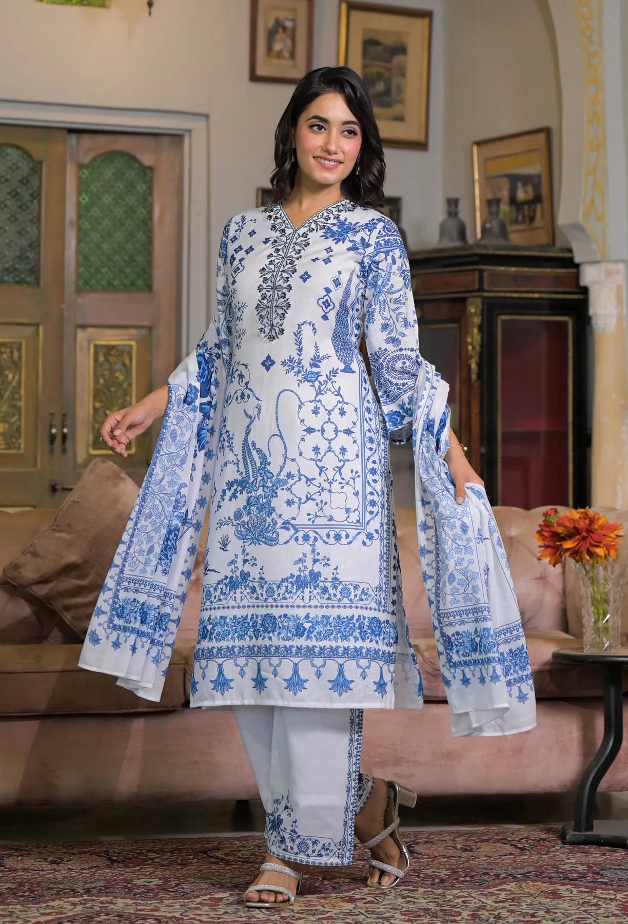 White Blue Linen Printed Straight Cut Suit Set | Bairaas