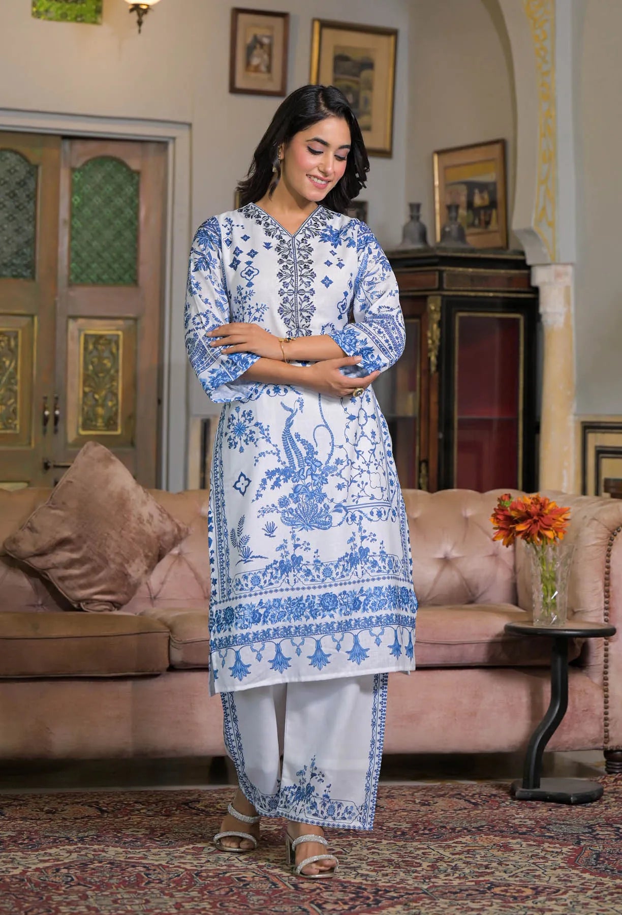 White Blue Linen Printed Straight Cut Suit Set | Bairaas
