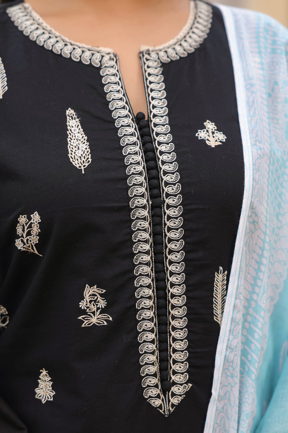Black Cotton Embroidered Kurta Set With Dupatta