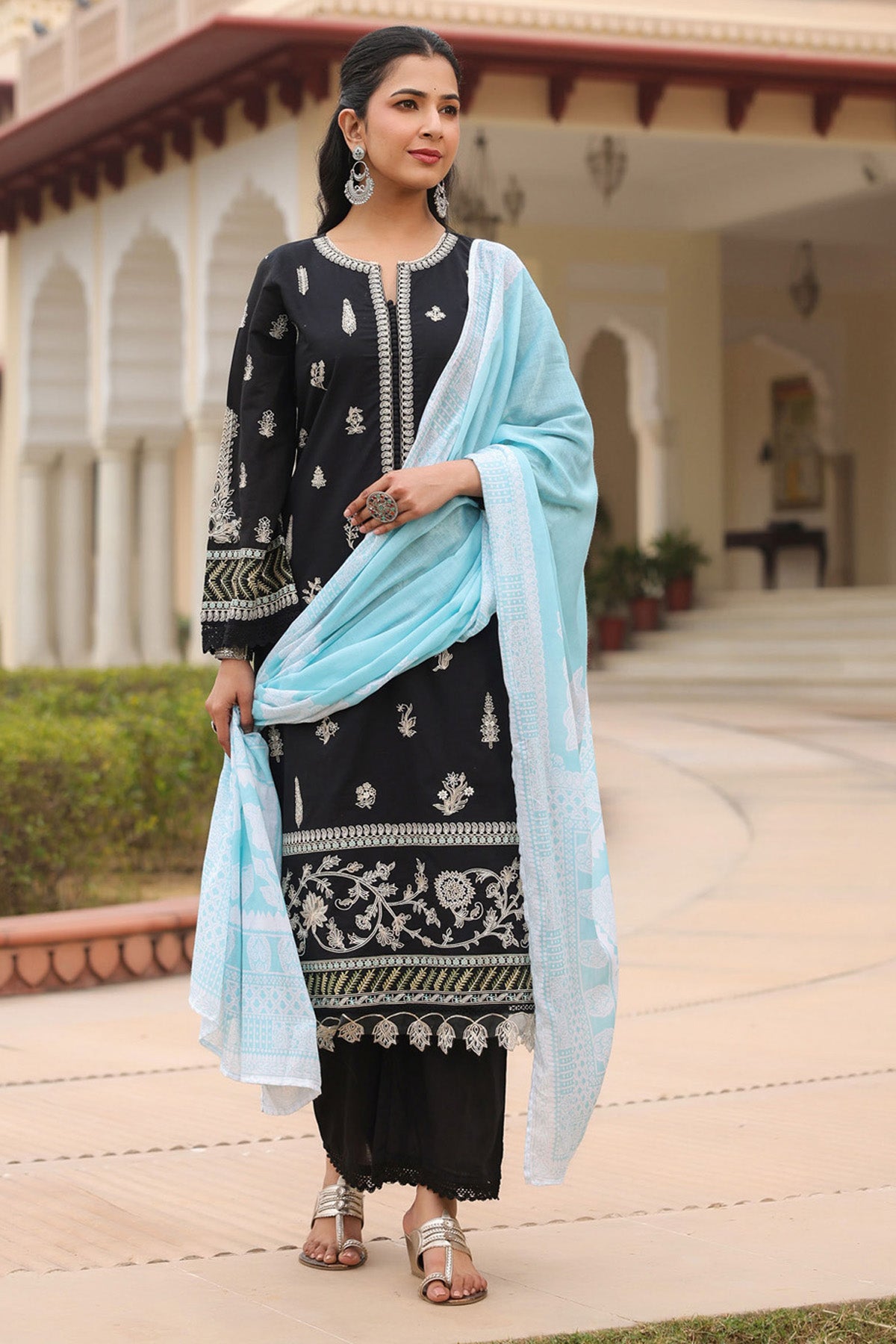 Black Cotton Embroidered Kurta Set With Dupatta