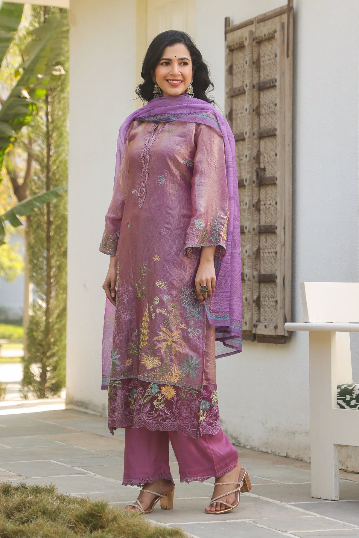 Magenta Pink Organza Embroidered Kurta Set With Dupatta
