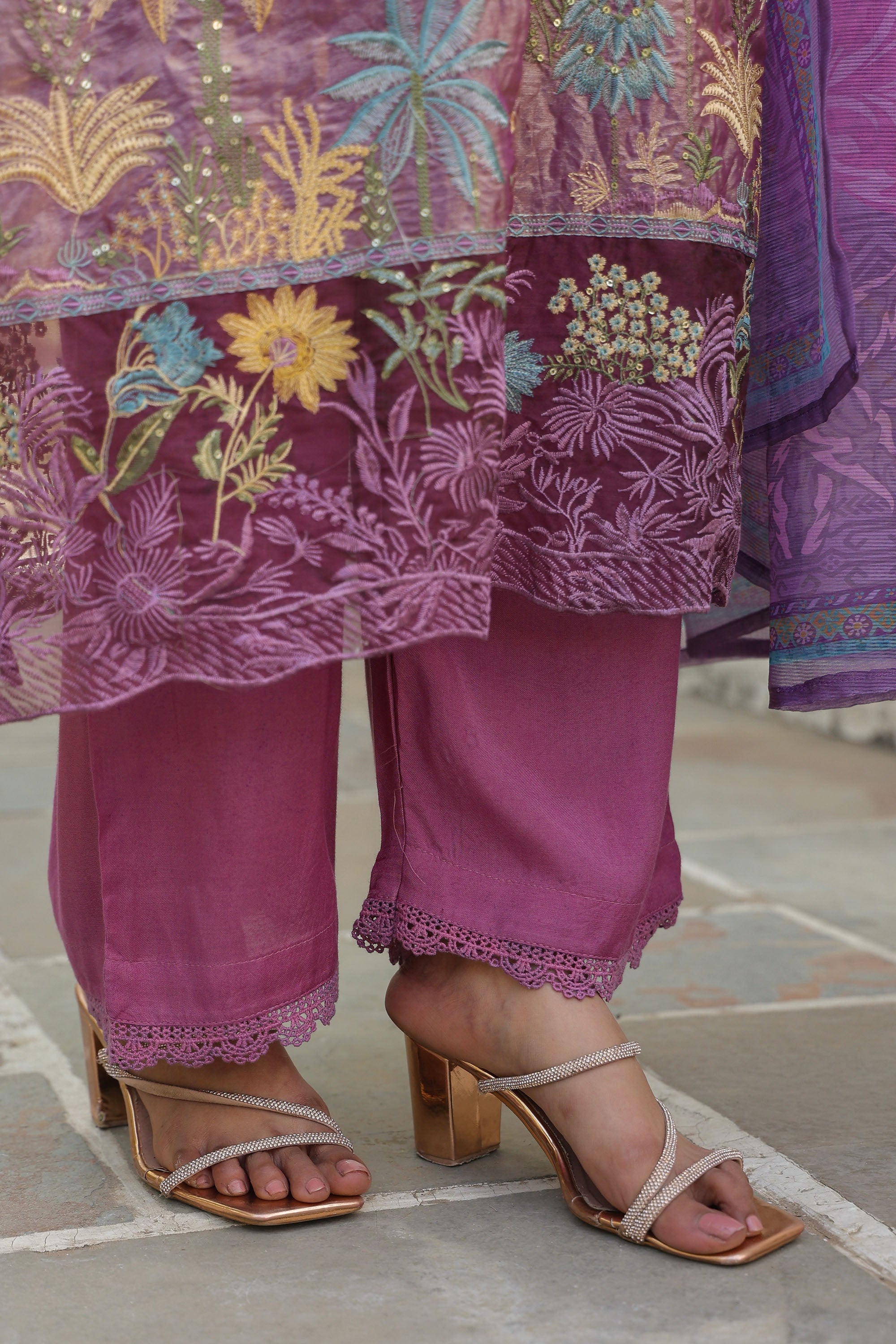 Magenta Pink Organza Embroidered Kurta Set With Dupatta