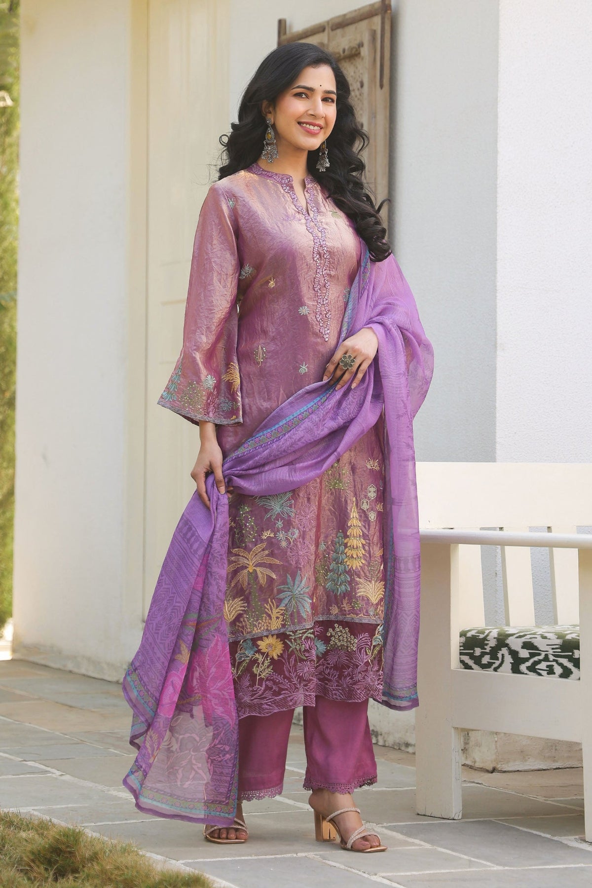Magenta Pink Organza Embroidered Kurta Set With Dupatta