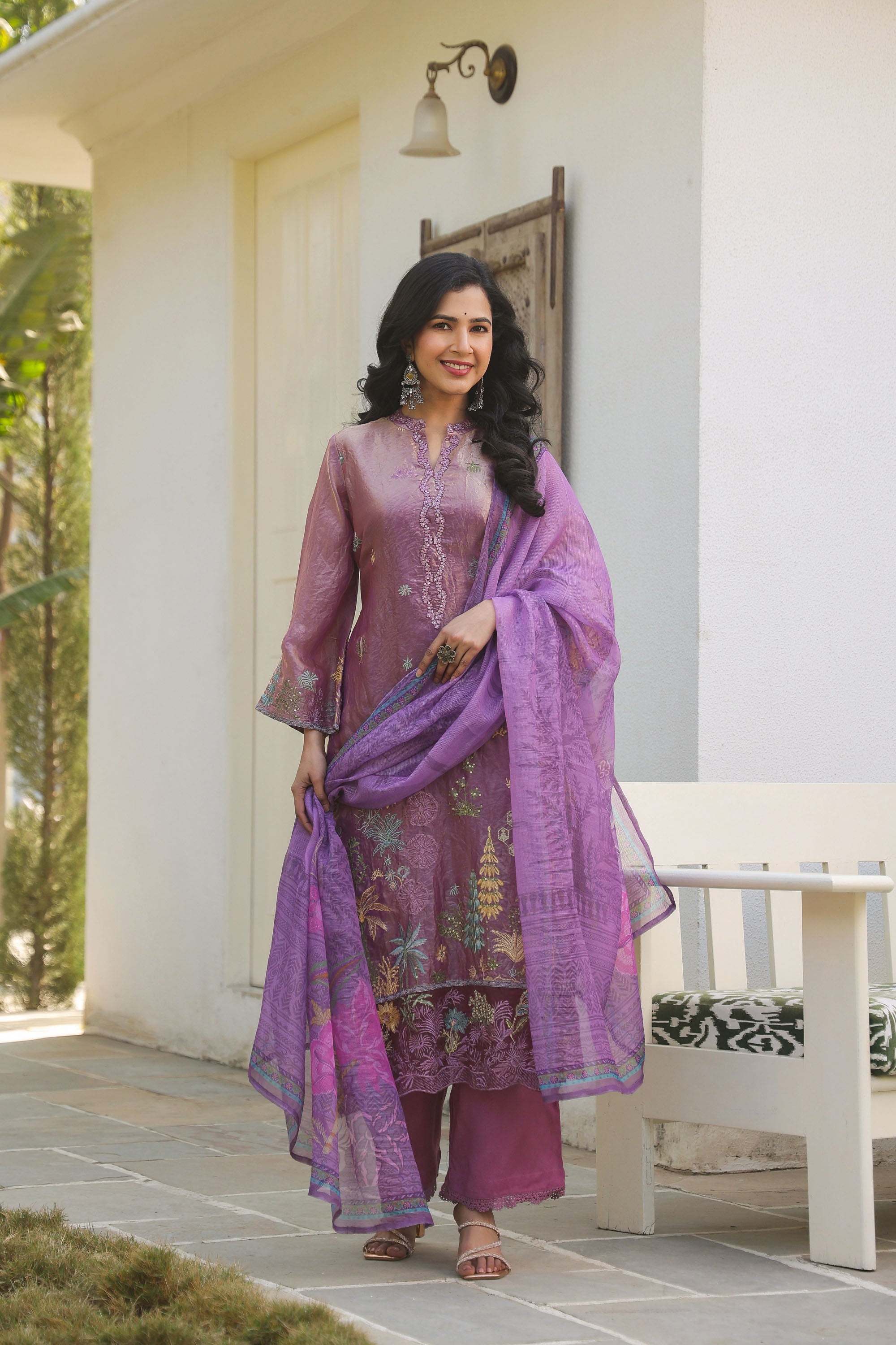 Magenta Pink Organza Embroidered Kurta Set With Dupatta