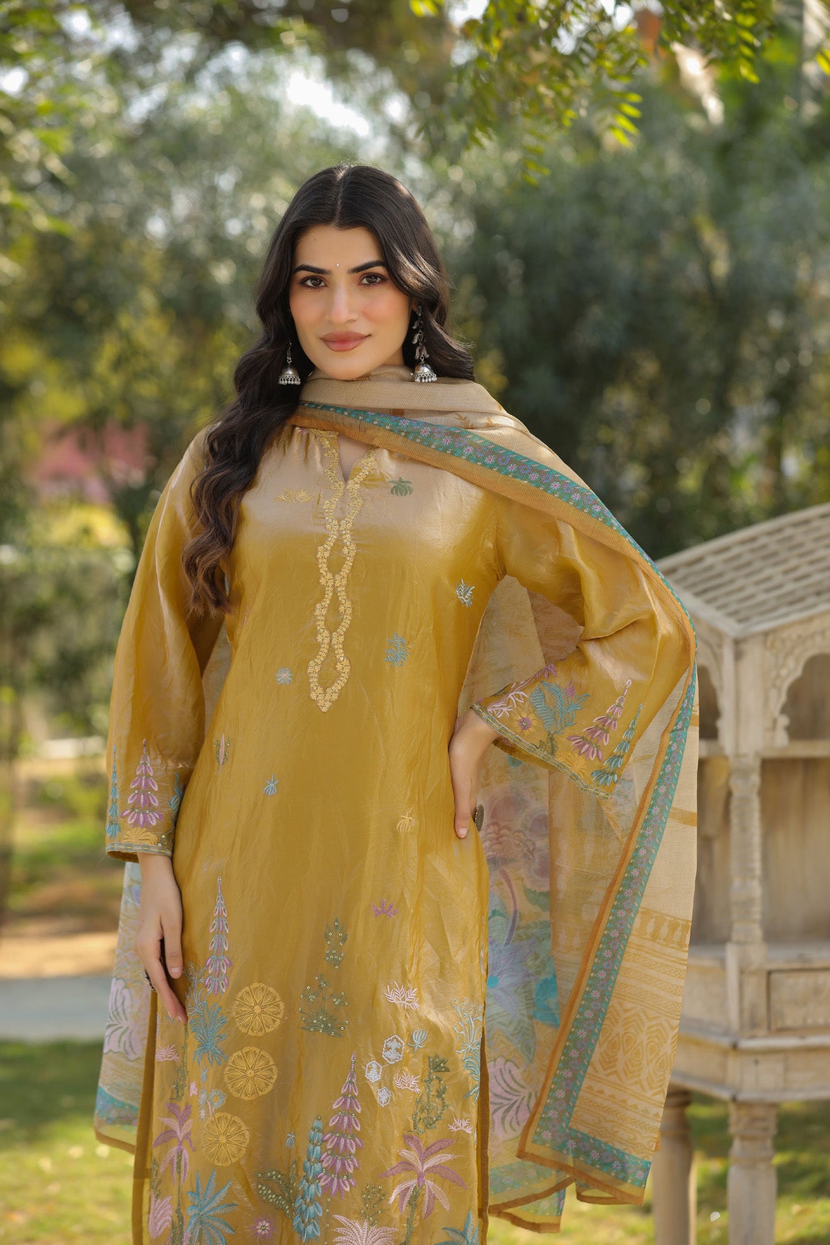 Mustard Organza Embridered Kurta Set With Dupatta
