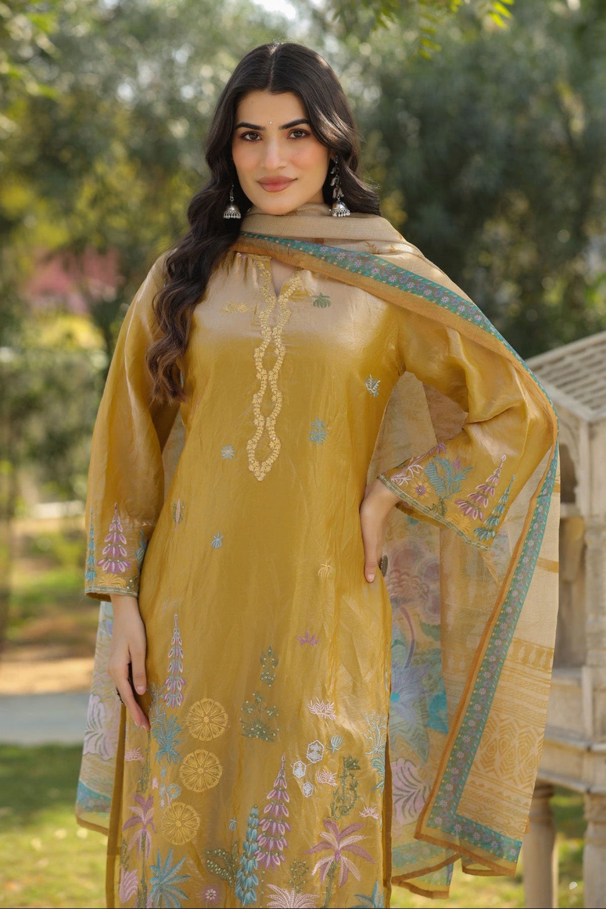 Mustard Organza Embridered Kurta Set With Dupatta