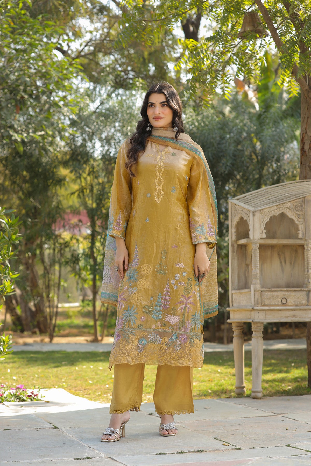 Mustard Organza Embridered Kurta Set With Dupatta