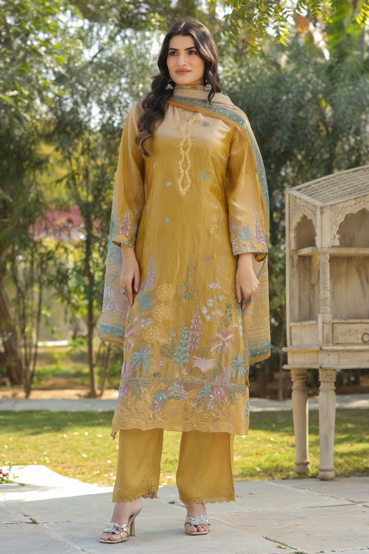 Mustard Organza Embridered Kurta Set With Dupatta