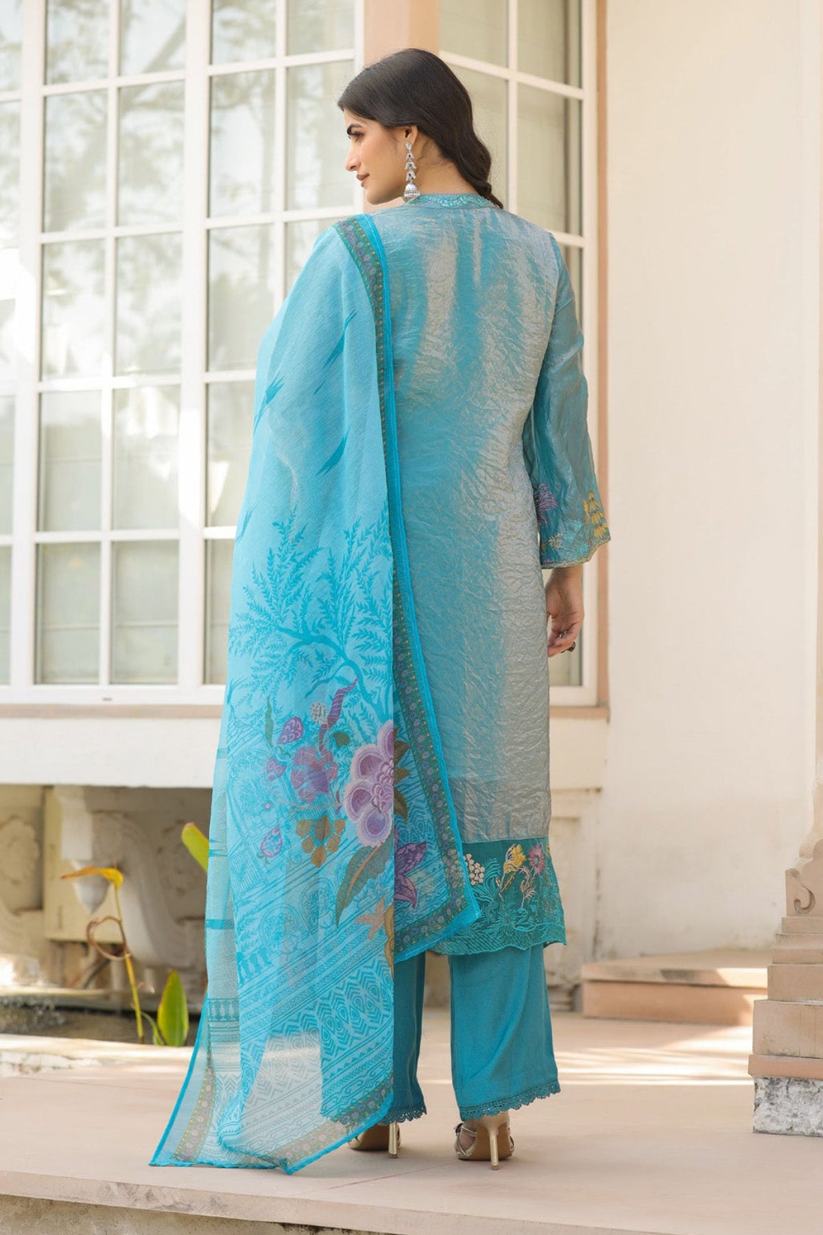 Turquoise Blue Organza Embridered Kurta Set With Dupatta