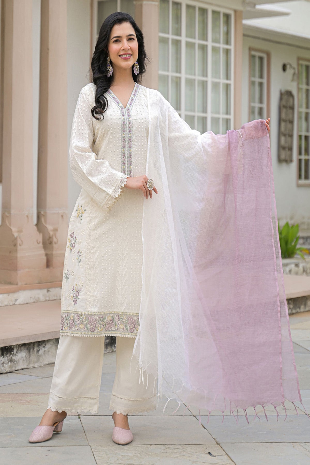 Pink Cotton Embroidered Kurta Set With Dupatta