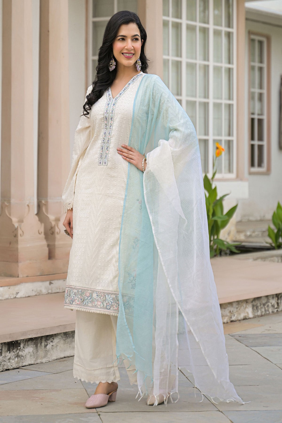 Sky Blue Cotton Embroidered Kurta Set With Dupatta