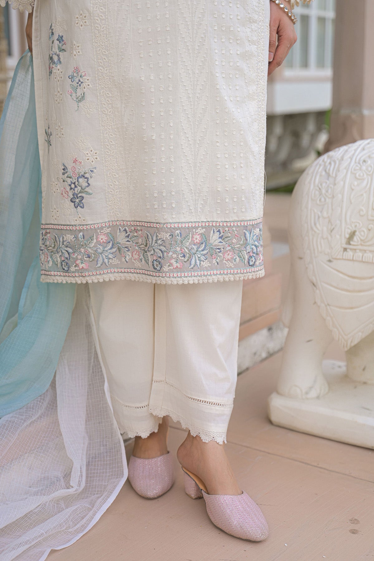 Sky Blue Cotton Embroidered Kurta Set With Dupatta