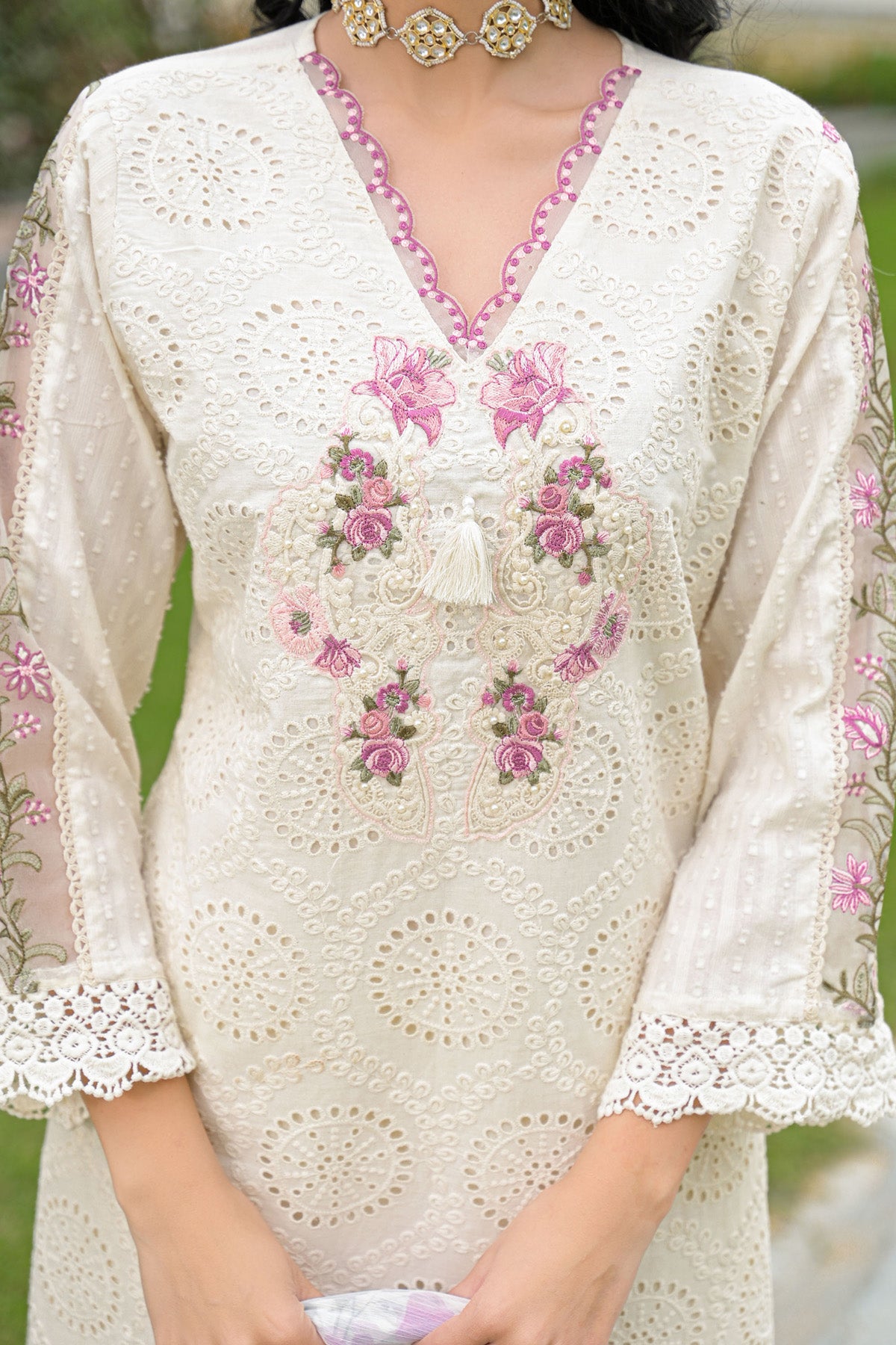Off White Cotton Embroidered Kurta Set With Dupatta