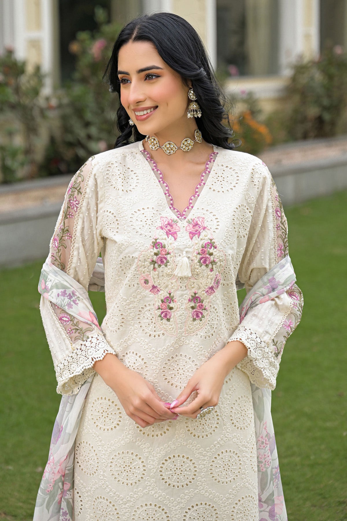 Off White Cotton Embroidered Kurta Set With Dupatta