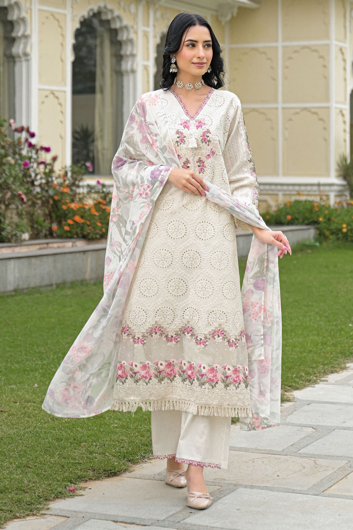 Off White Cotton Embroidered Kurta Set With Dupatta