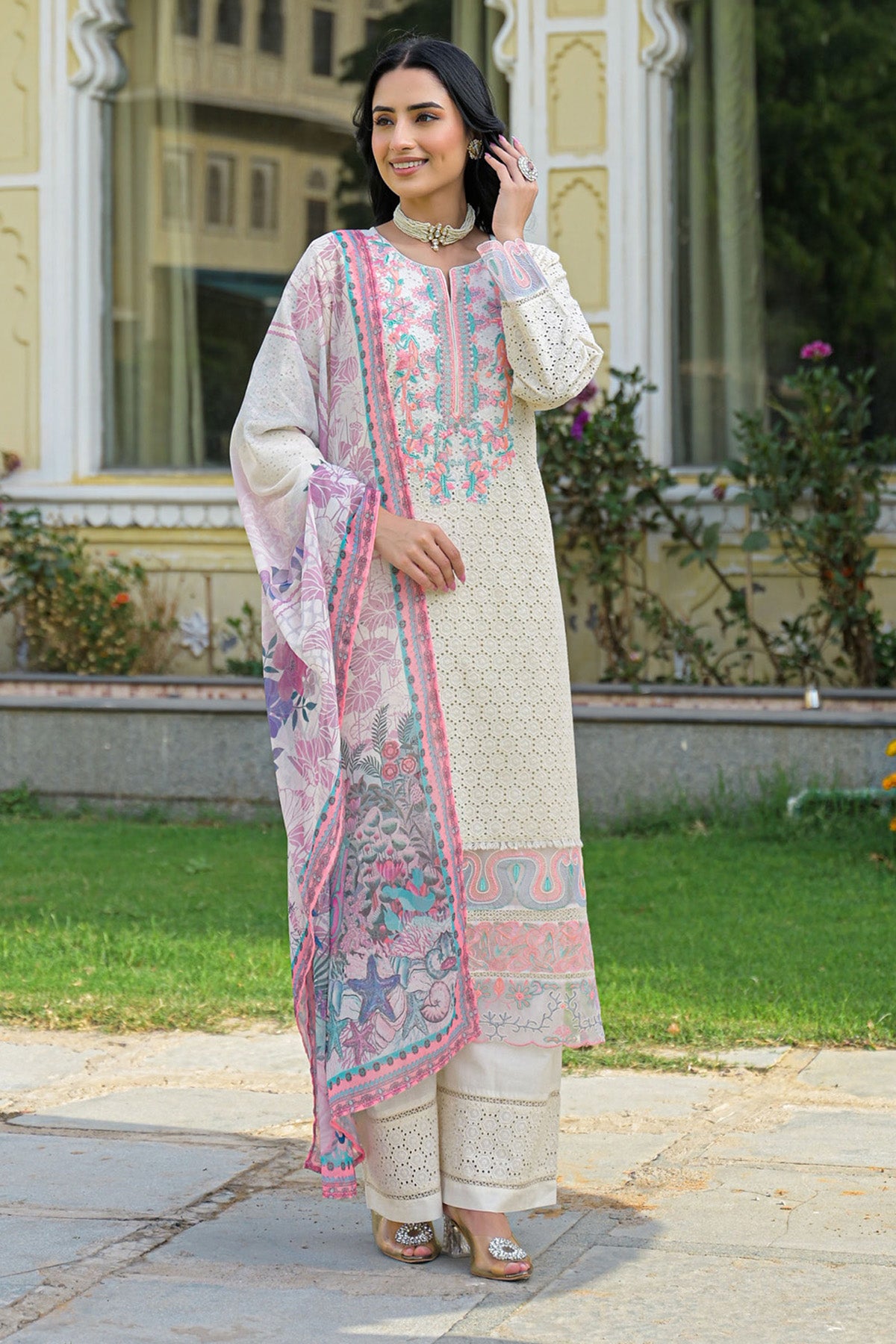 Off White Cotton Embroidered Kurta Set With Dupatta