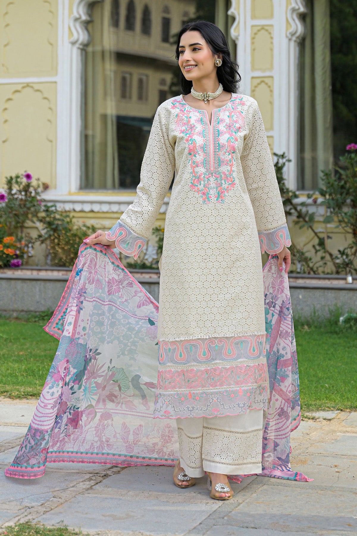 Off White Cotton Embroidered Kurta Set With Dupatta