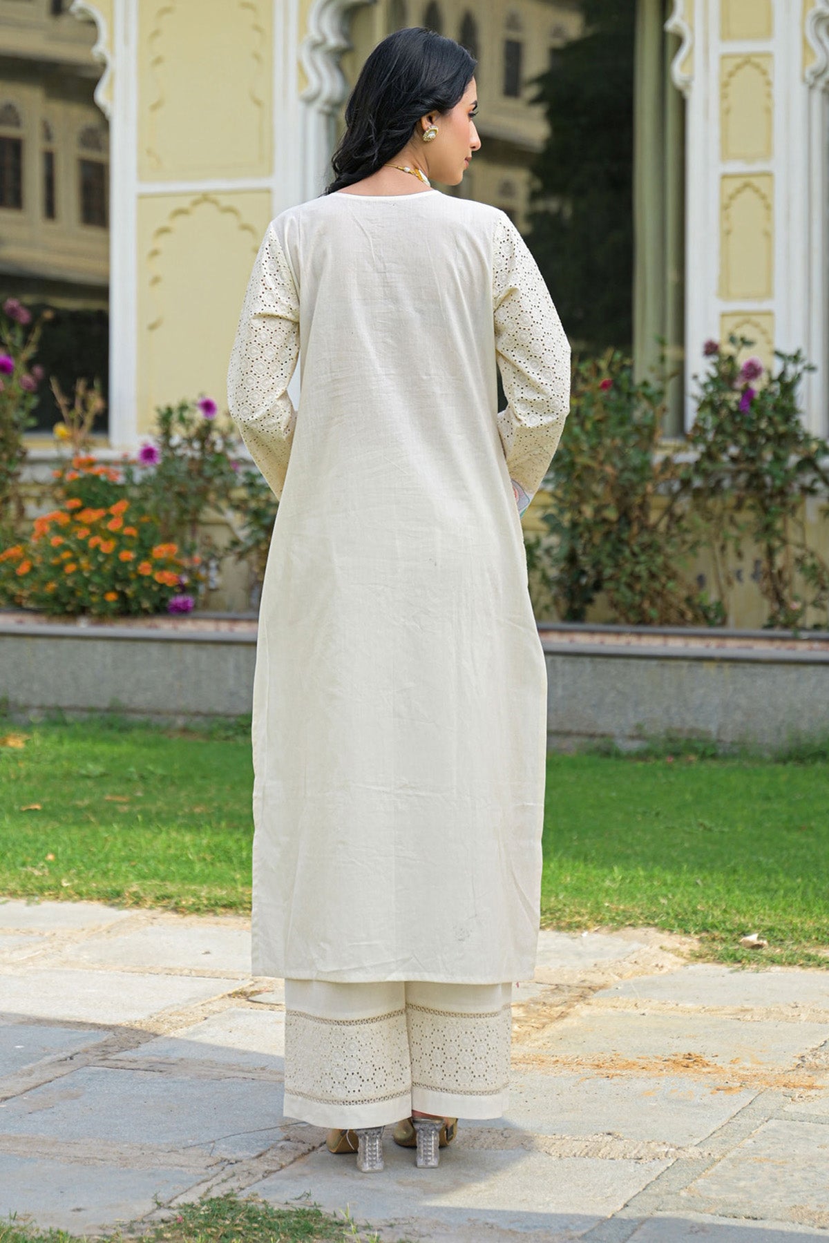 Off White Cotton Embroidered Kurta Set With Dupatta