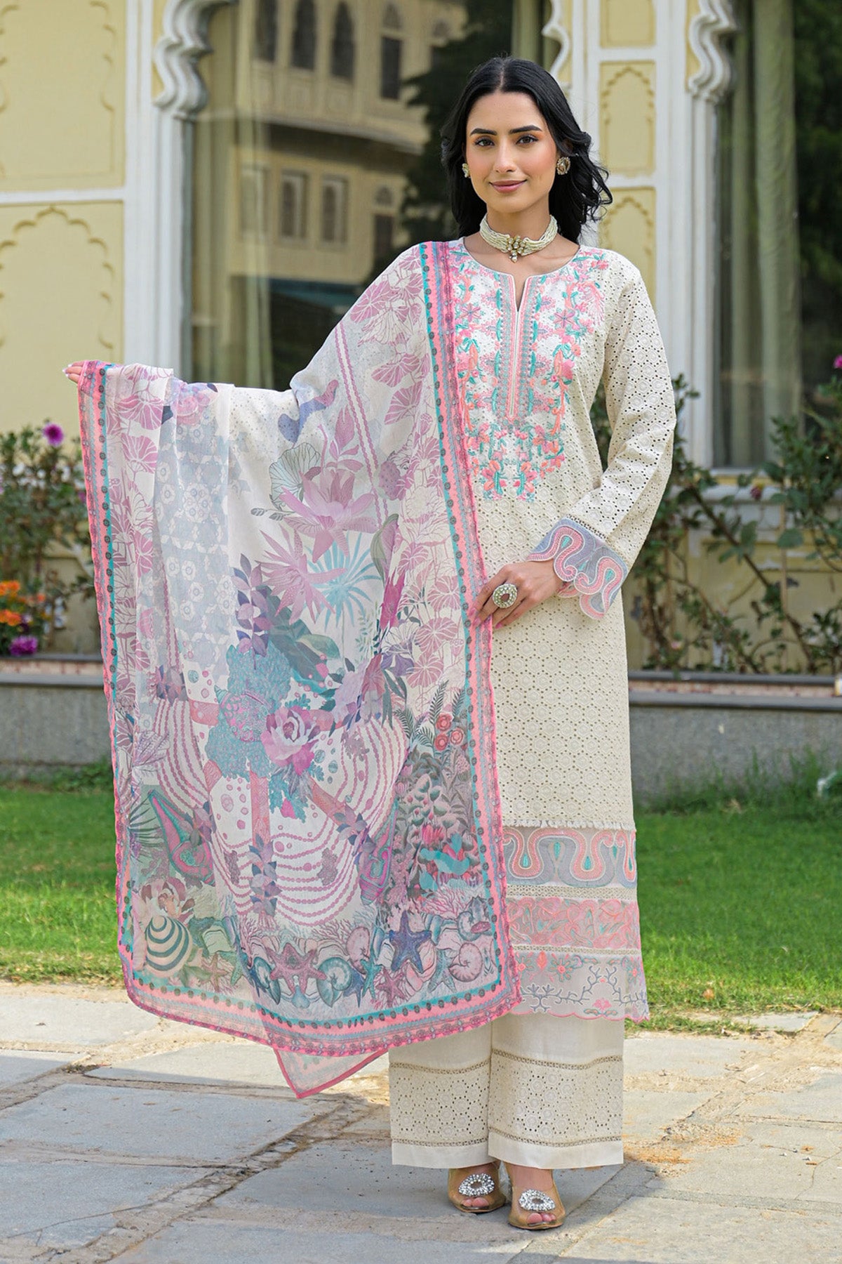 Off White Cotton Embroidered Kurta Set With Dupatta