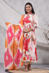 Cream Rose Print Crepe Angrakha Anarkali With Pants And Tie Dye Dupatta
