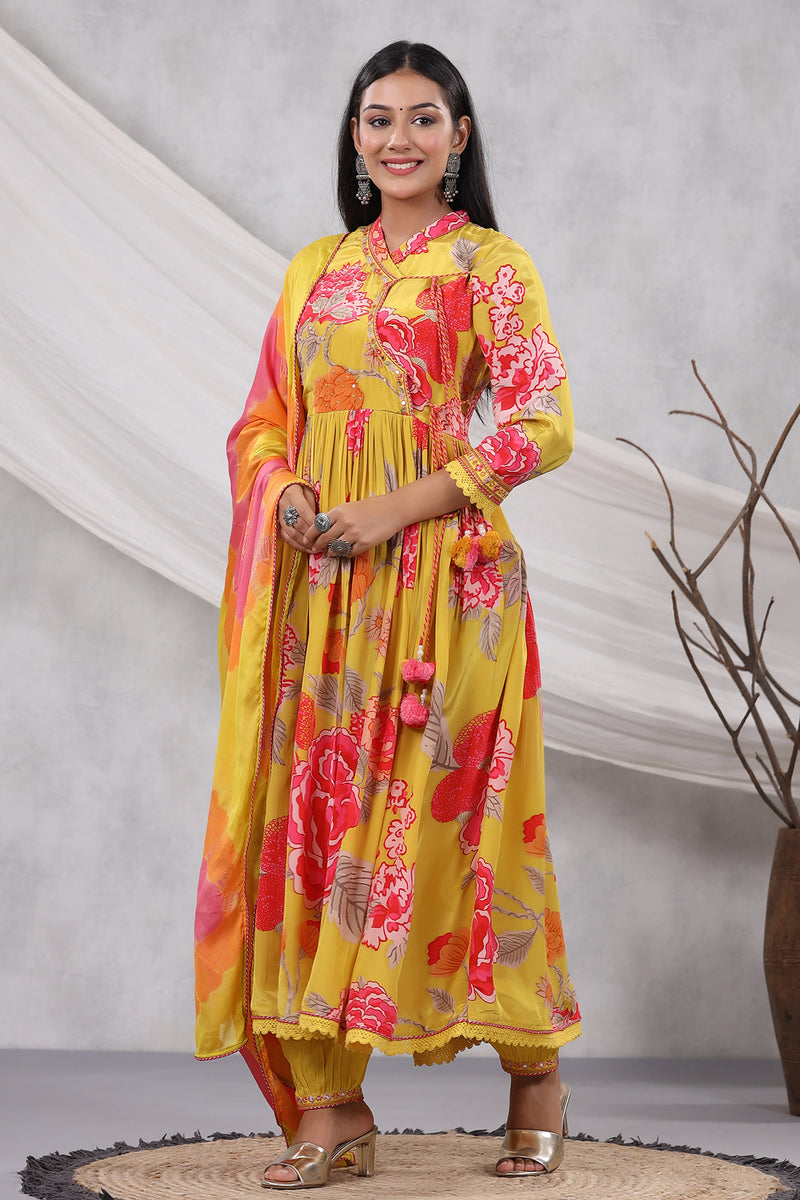 Mustard Rose Print Crepe Angrakha Anarkali With Pants And Tie Dye Dupatta