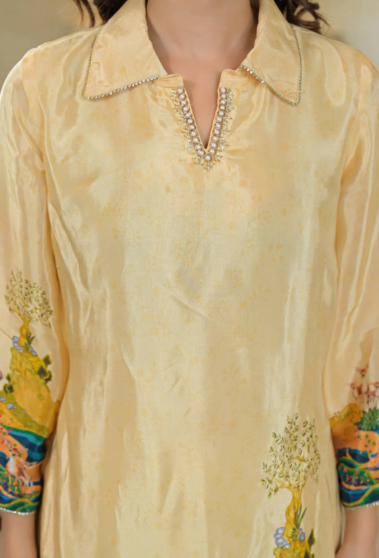 Beige Crepe Printed Co-Ord Set with Top & Bottom | Bairaas