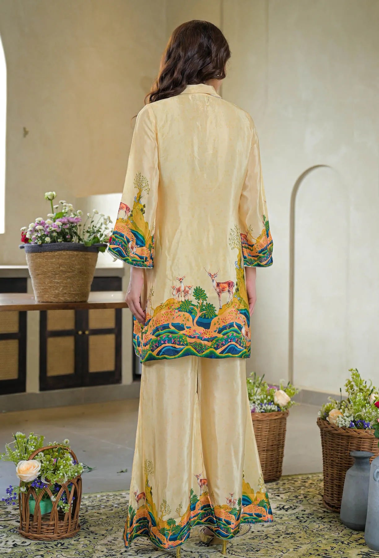 Beige Crepe Printed Co-Ord Set with Top & Bottom | Bairaas