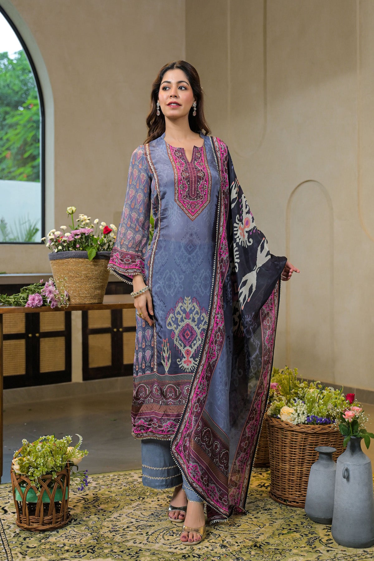 Blue Crepe Silk Embroidered Kurta Set With Dupatta