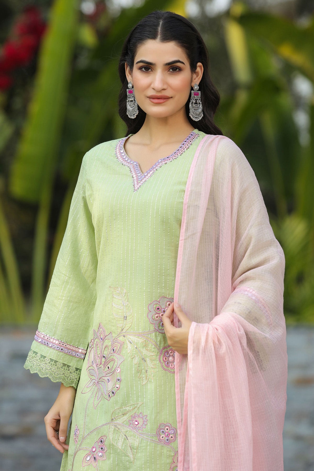 Green Cotton Embroidered Kurta Set With Dupatta