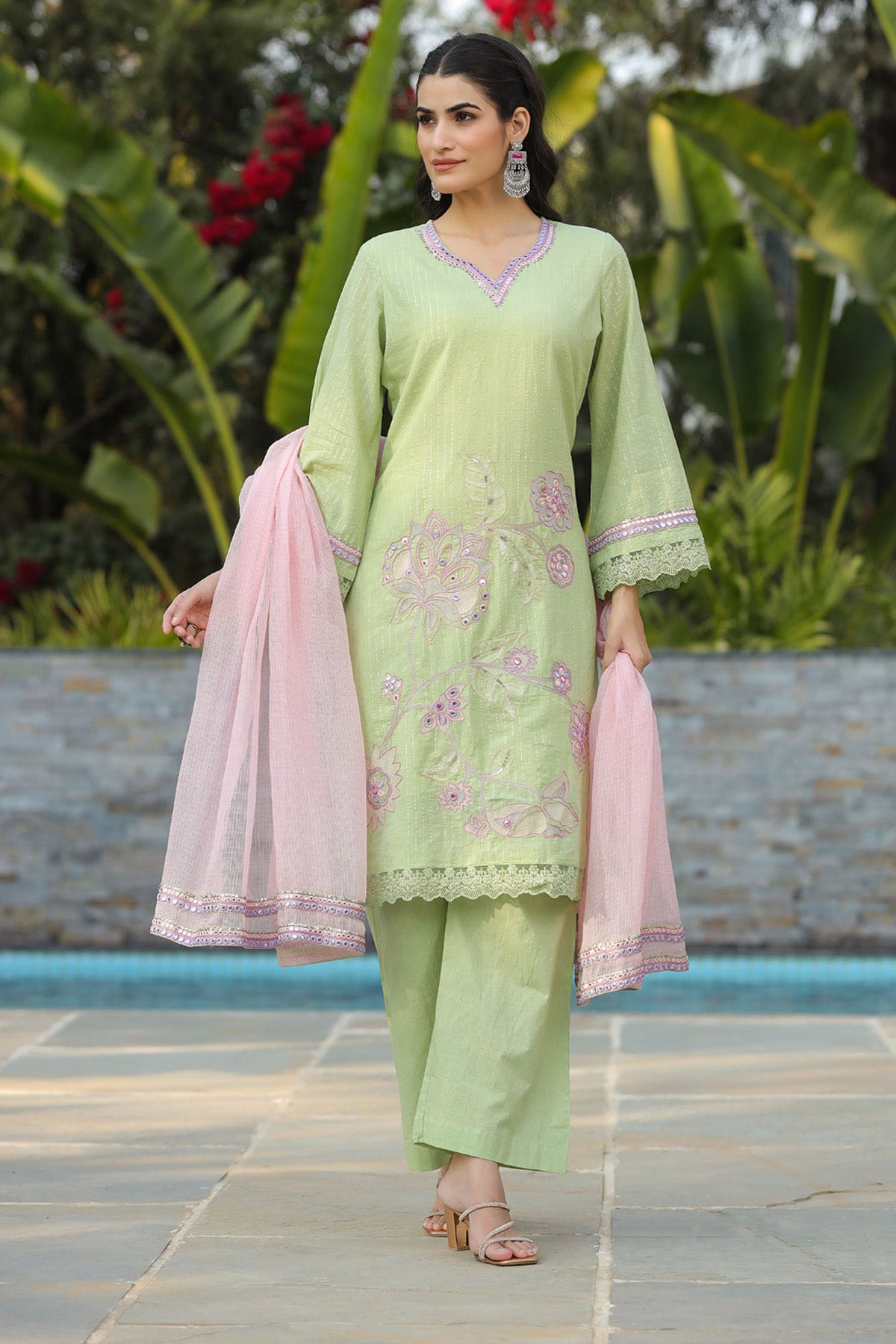 Green Cotton Embroidered Kurta Set With Dupatta