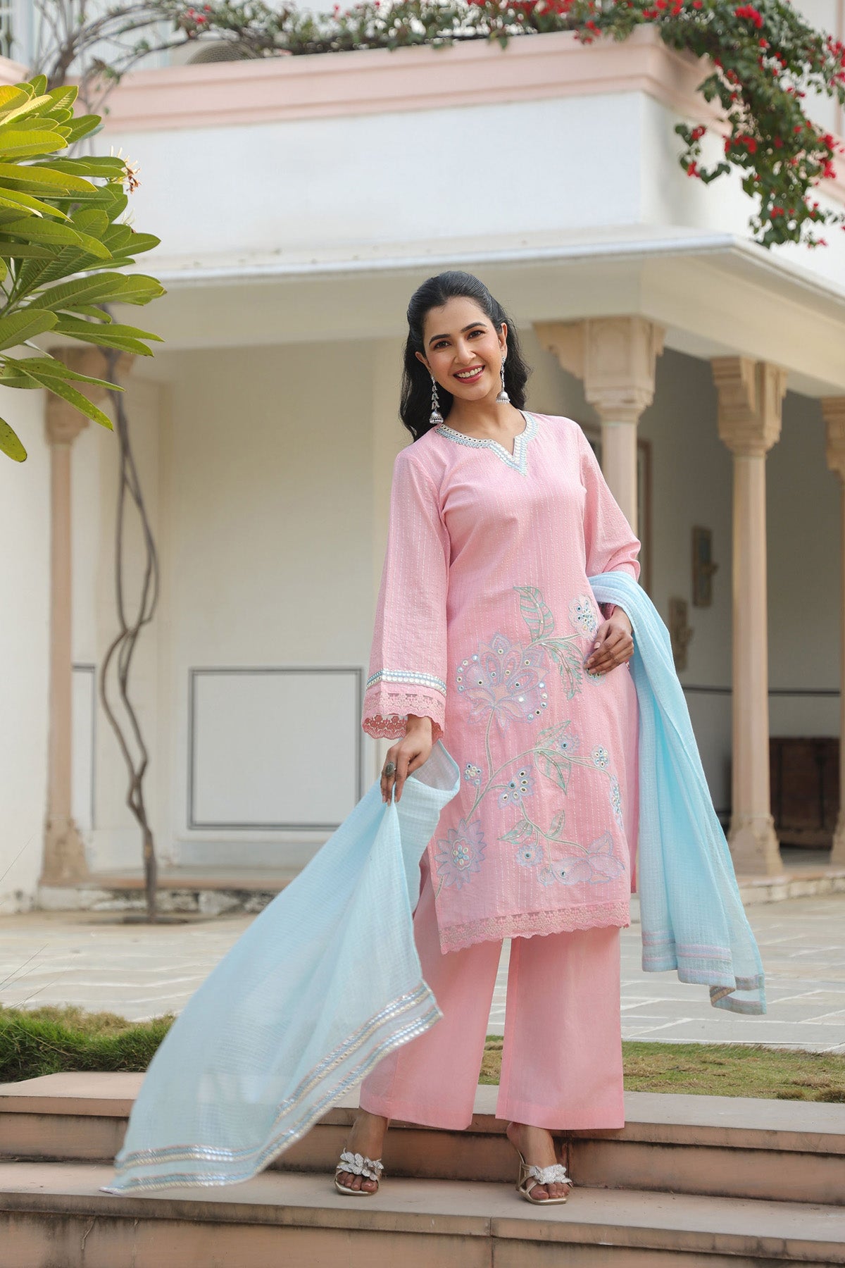 Pink Cotton Embroidered Kurta Set With Dupatta