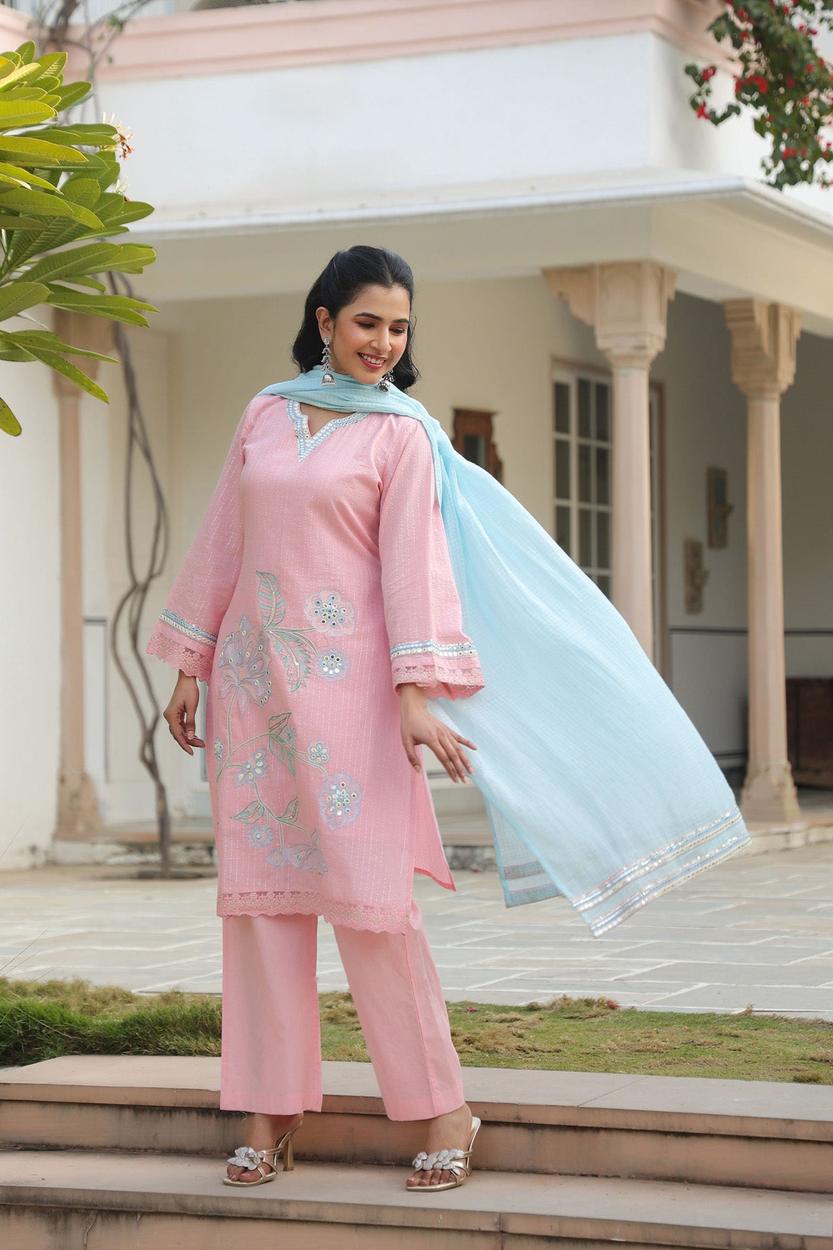 Pink Cotton Embroidered Kurta Set With Dupatta