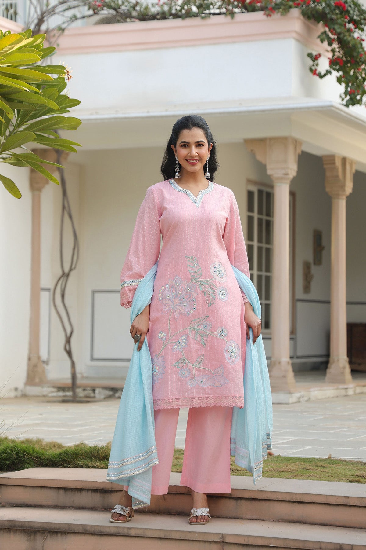 Pink Cotton Embroidered Kurta Set With Dupatta
