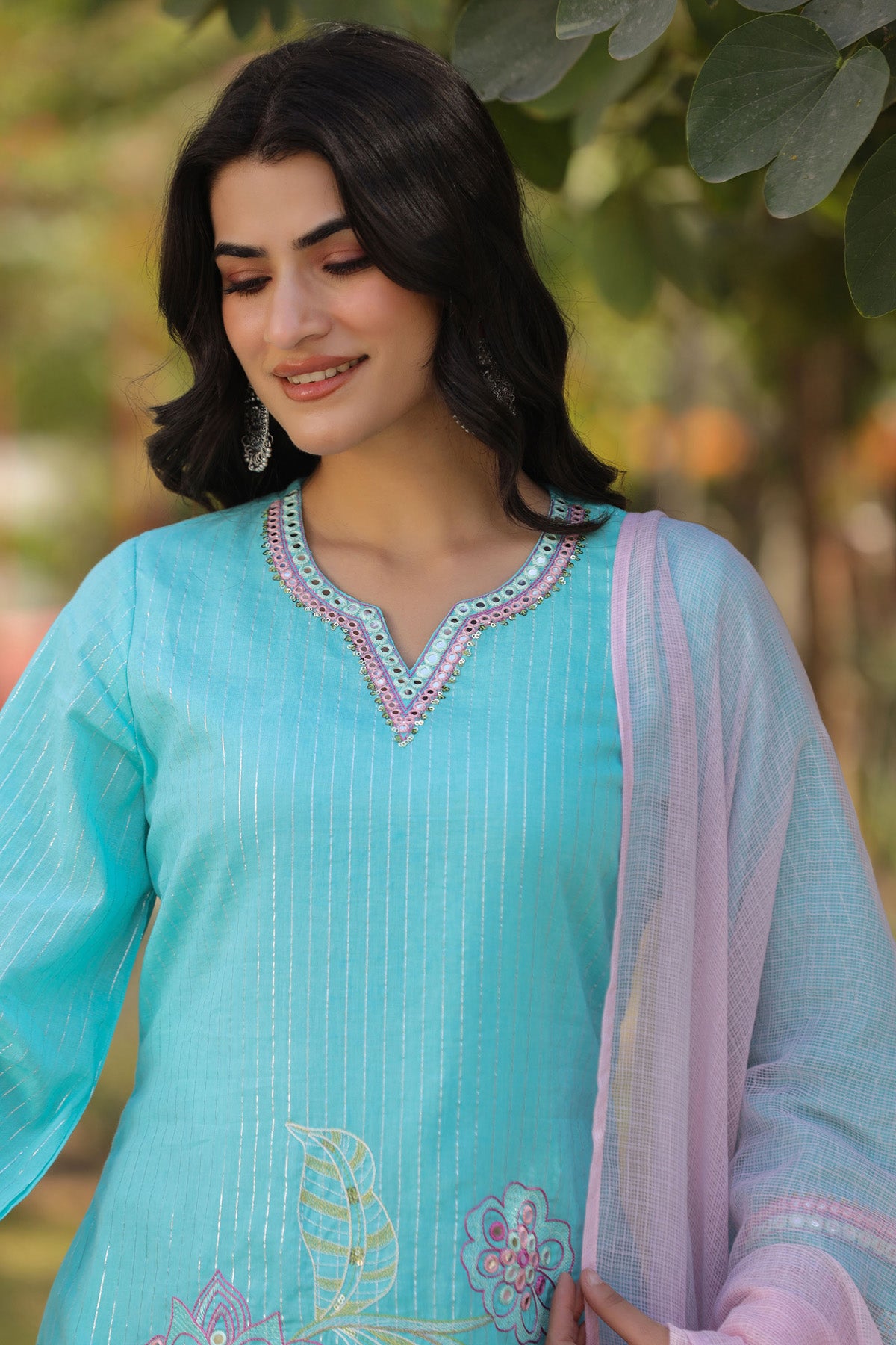 Sky Blue Cotton Embroidered Kurta Set With Dupatta